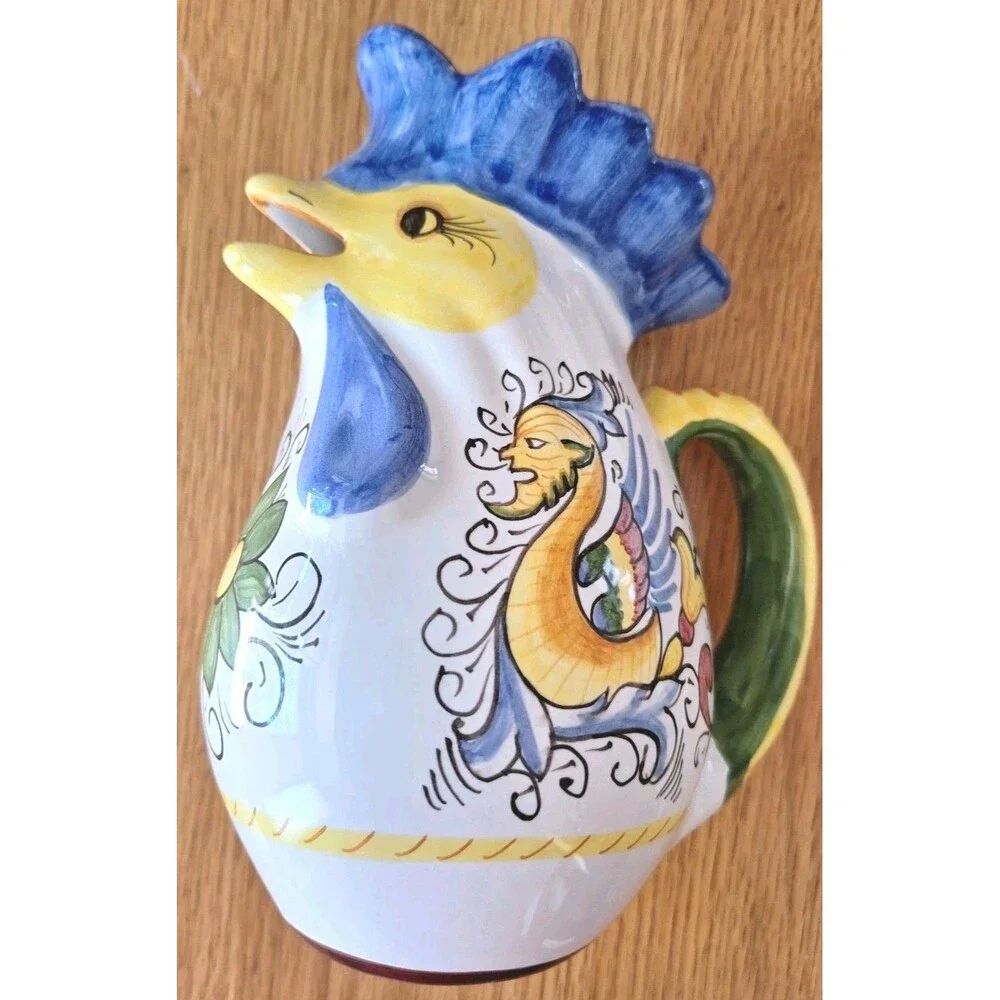 Vtg WILLIAMS SONOMA Ceramic Rooster Pitcher Made n Italy Hand Painted 8ish